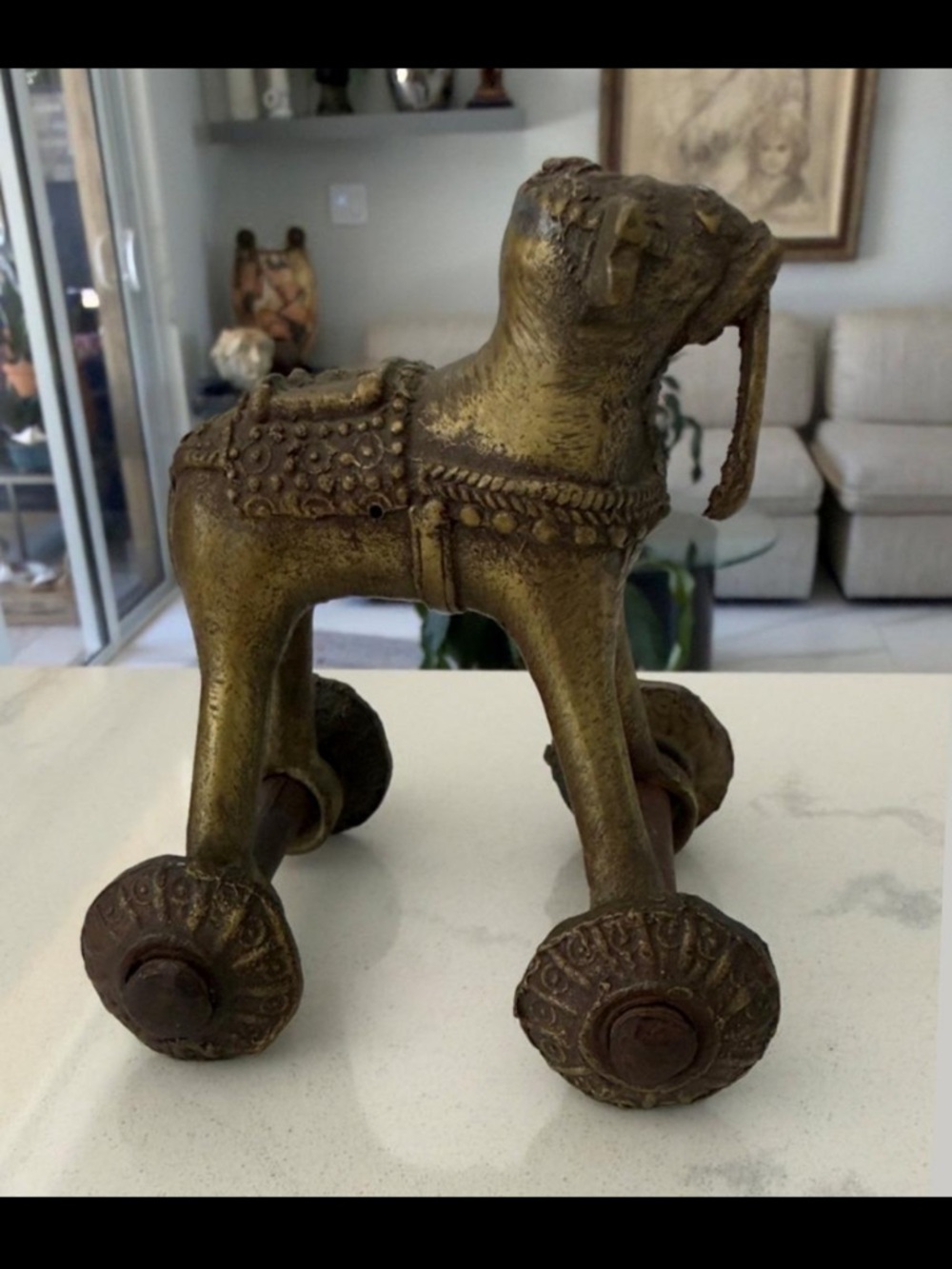 Antique Indian Brass Temple Toy Elephant on Wheels | Hindu Devotional Figurine